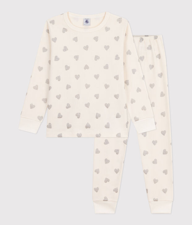 Children's silvery heart print cotton pyjamas Ecru/grey