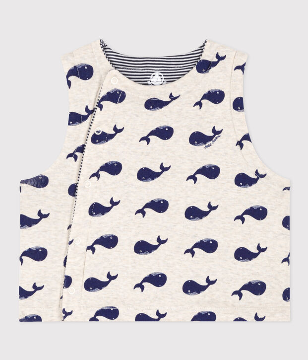 Babies' Reversible Whale Patterned Sleeveless Cotton Cardigan beige/blue