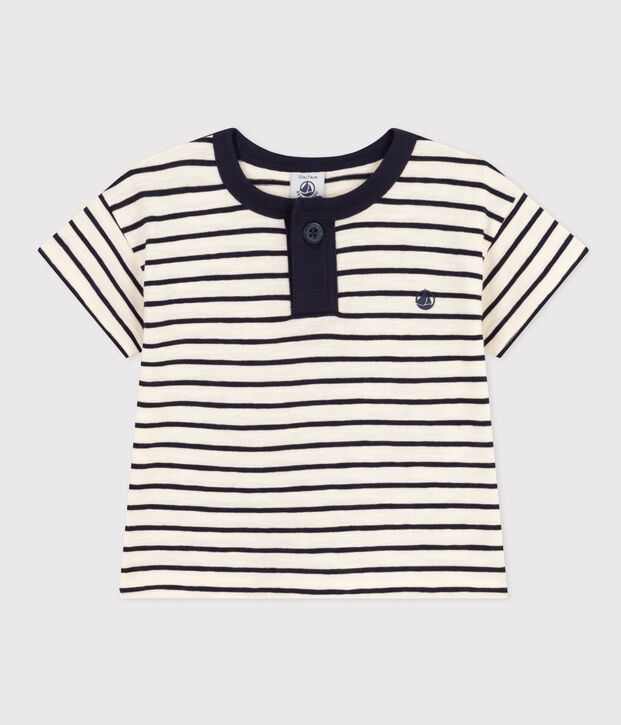 Babies' Short-Sleeved Slub Jersey T-Shirt Ecru/blue