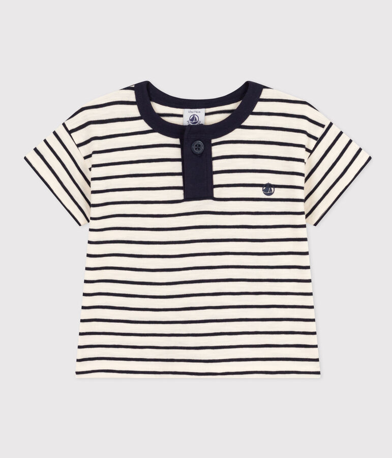 Babies' Short-Sleeved Slub Jersey T-Shirt Ecru/blue