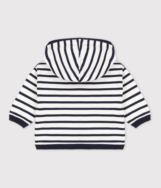 Babies' Stripy Thick Jersey Breton Hoodie MARSHMALLOW white/SMOKING blue
