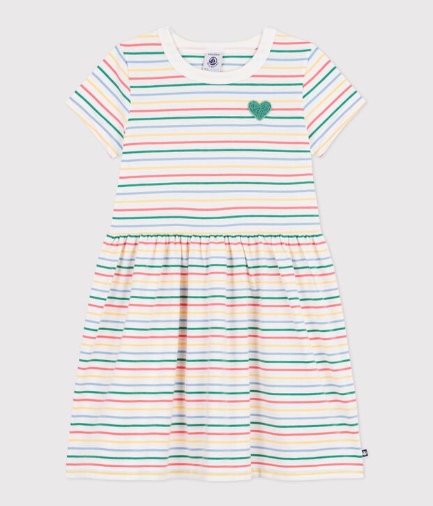 Children's short-sleeved stripy dress in cotton, white/multicolor