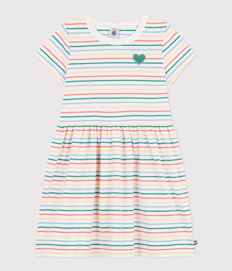 Children's short-sleeved stripy dress in cotton, white/multicolor