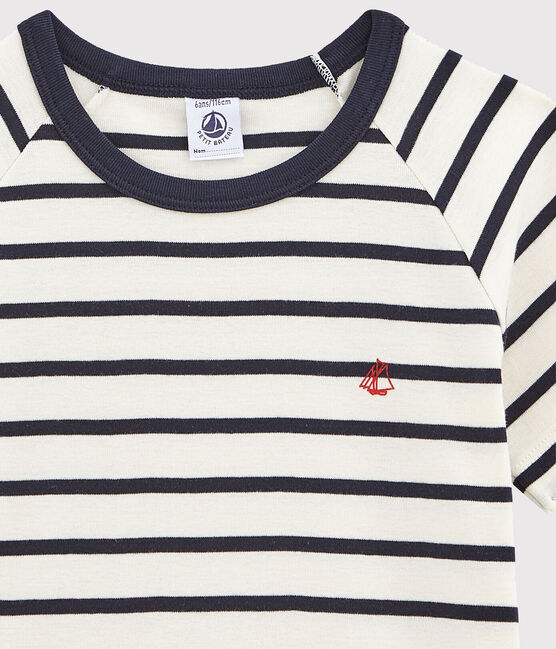 Boys' Short Cotton Pyjamas with Sailor Stripes MARSHMALLOW white/SMOKING blue