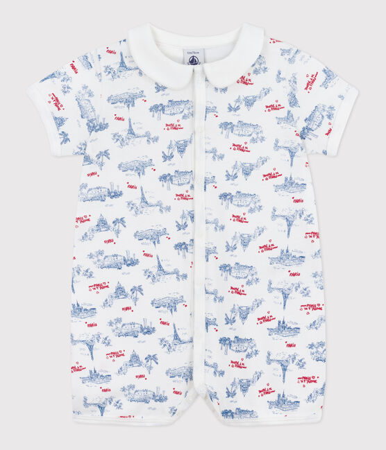 Babies' Paris print cotton playsuit with a collar MARSHMALLOW white/MULTICO white