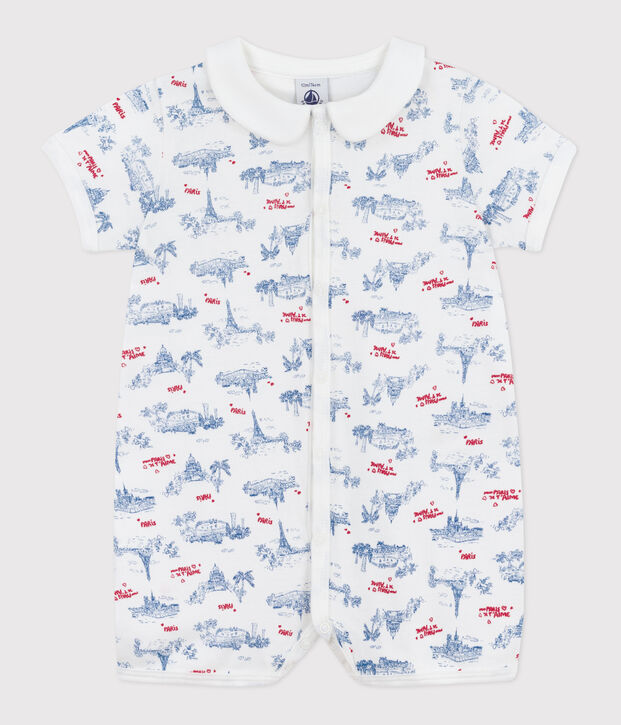 Babies' Paris print cotton playsuit with a collar white/multicolor