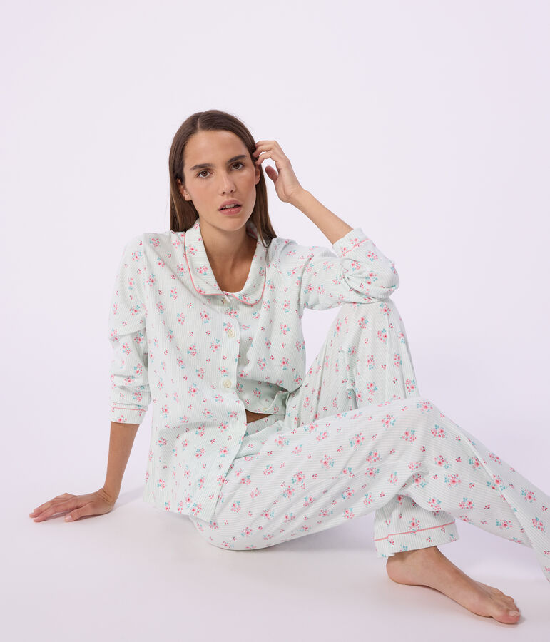 Women's buttoned printed cotton pyjamas white/multicolor