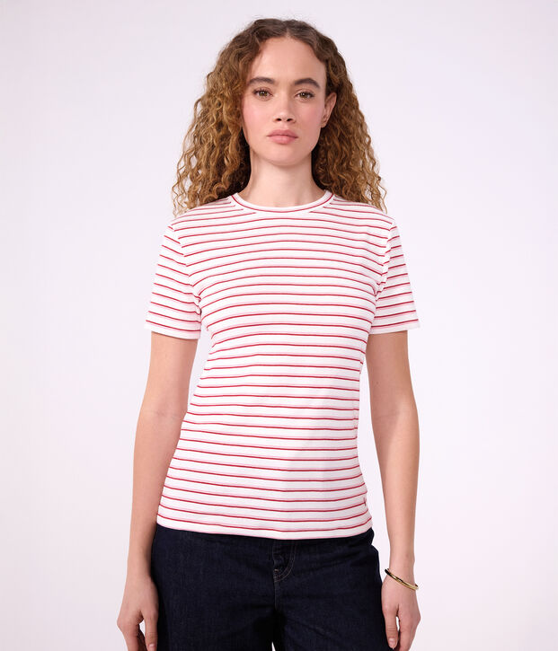 Women's short-sleeved stripy cotton T-shirt white/red
