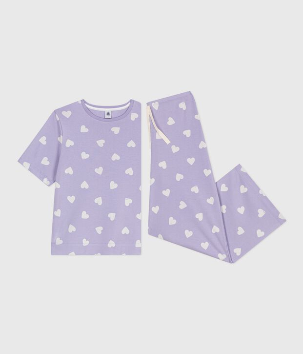 Women's cotton pyjamas with a heart print, short sleeves and wide legs purple/white