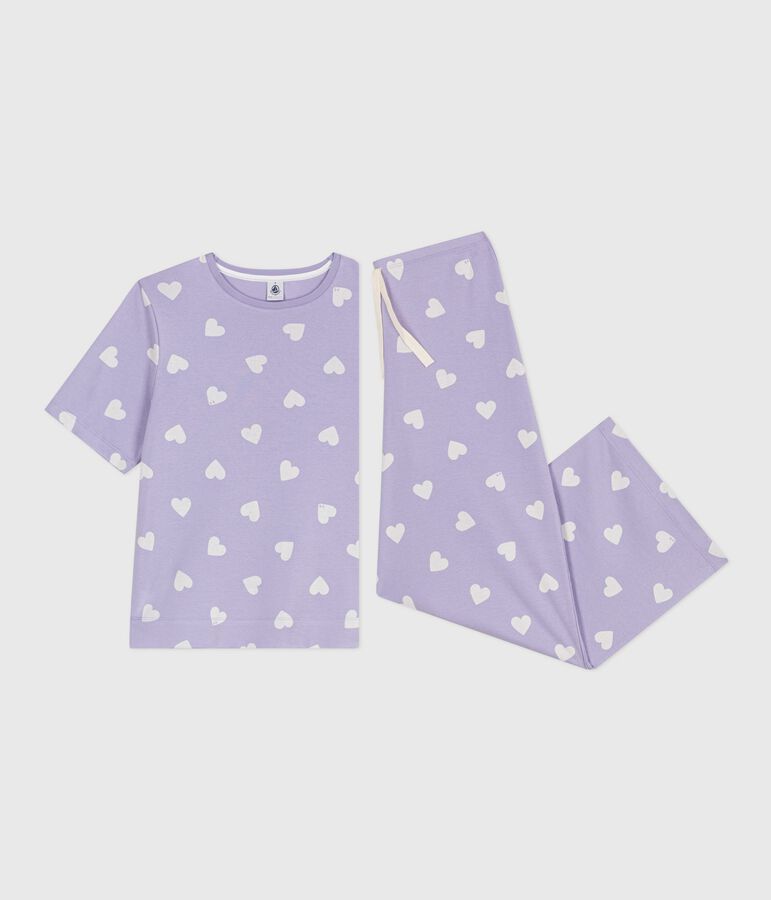 Women's cotton pyjamas with a heart print, short sleeves and wide legs purple/white