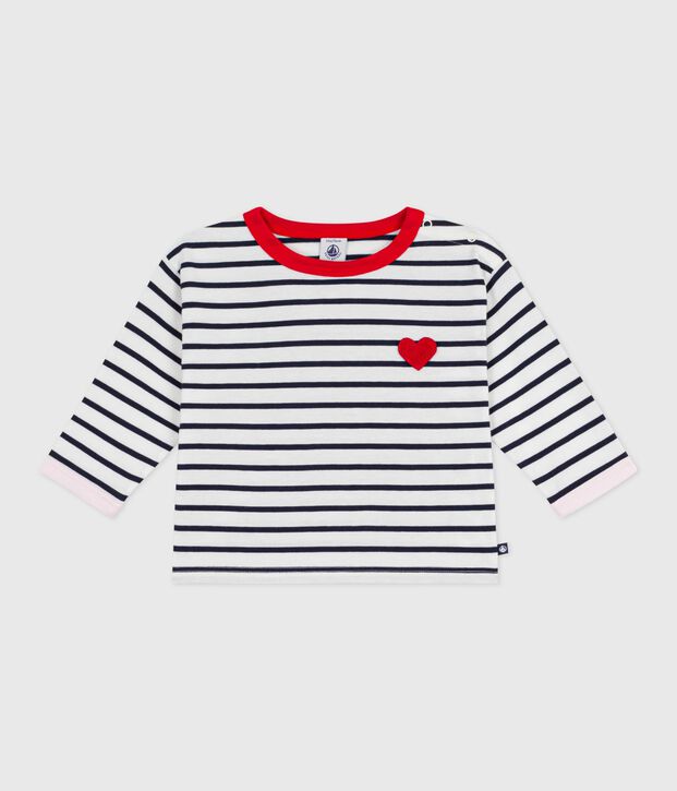 Babies' long sleeved cotton T-shirt with Breton stripes white/blue