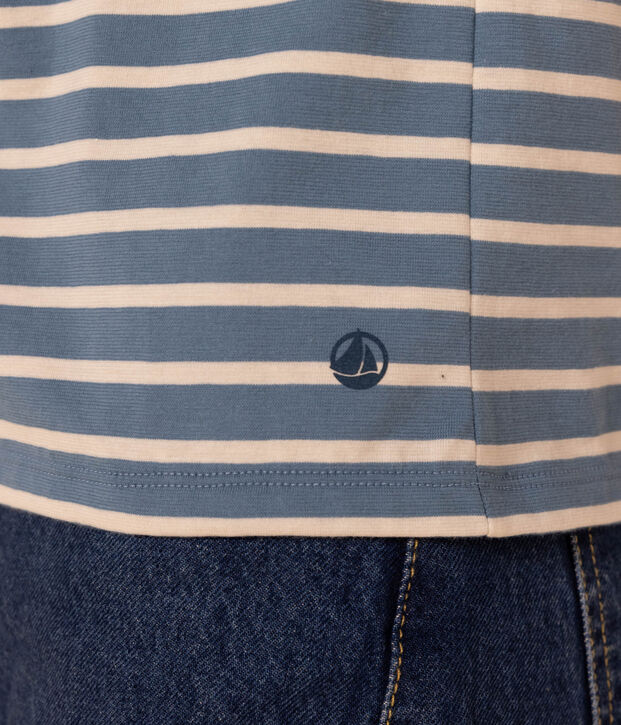 Women's Straight V-Neck Cotton T-Shirt blue/ecru