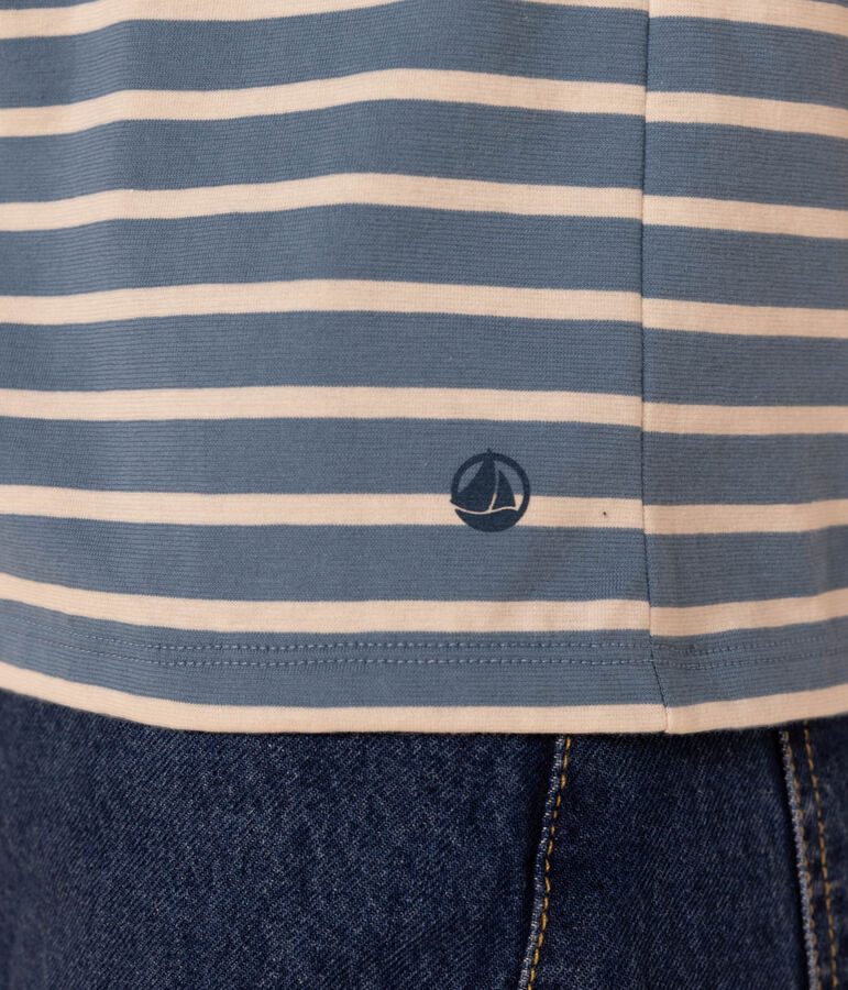 Women's Straight V-Neck Cotton T-Shirt blue/ecru