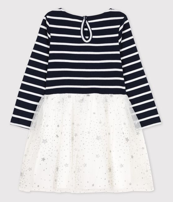 Girls' Long-Sleeved Cotton/Tulle Dress SMOKING blue/MARSHMALLOW white
