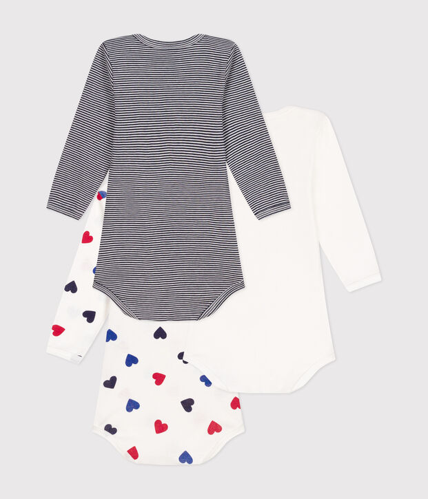 Babies' long-sleeved cotton bodysuits with a triple heart print - 3-pack multicolor