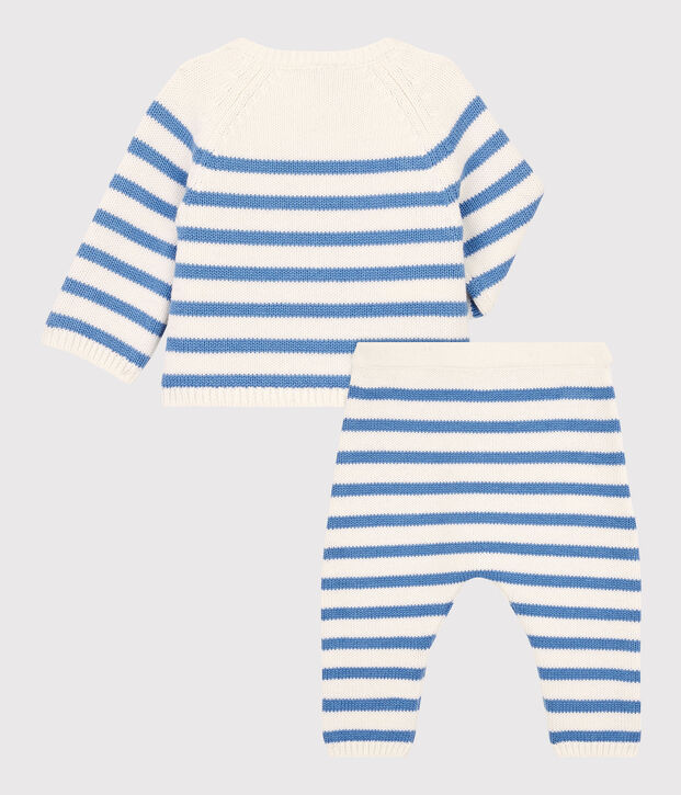 Babies' Wool/Cotton Knit Sailor Striped Clothing - 3-Piece Set white/blue