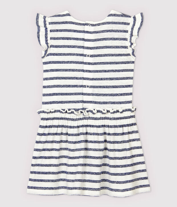 Baby Girls' Stripy Cotton and Linen Blend Short-Sleeved Dress white/blue