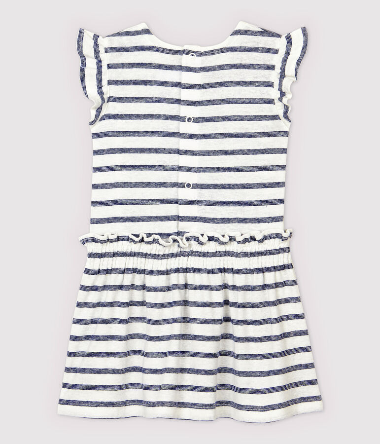 Baby Girls' Stripy Cotton and Linen Blend Short-Sleeved Dress white/blue