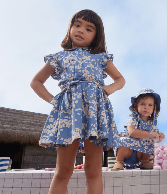 Girls' Sleeveless Printed Poplin Dress BEACH blue/MULTICO