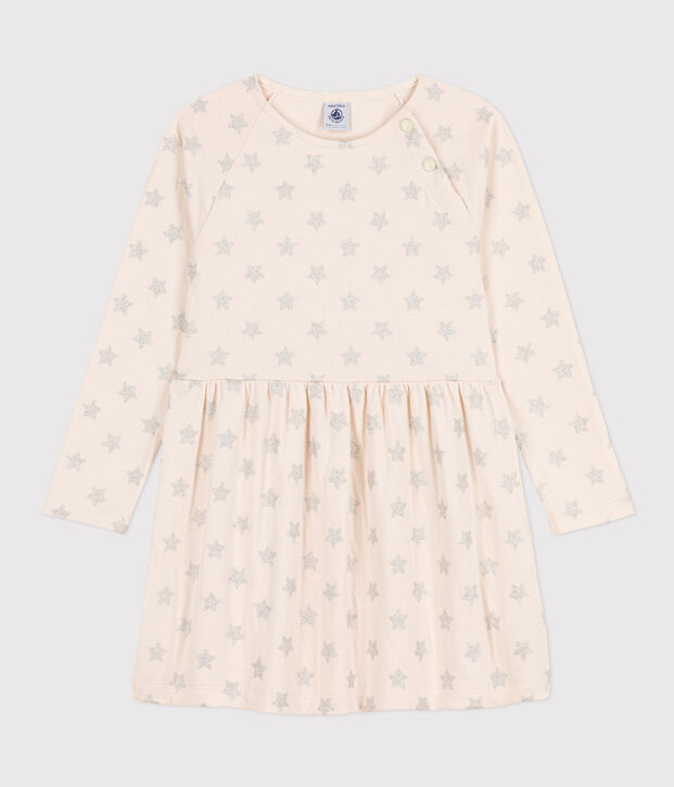 Girls' long-sleeved rib knit print dress Ecru/grey