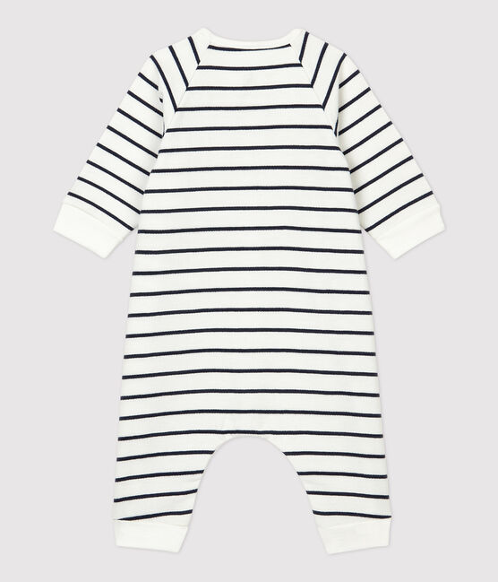 Babies' Sailor Striped Organic Cotton Fleece Jumpsuit MARSHMALLOW white/SMOKING blue