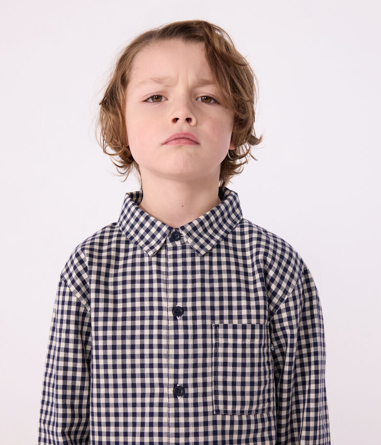 Boys' checked cotton shirt blue/ecru
