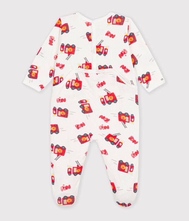 Babies' pyjama suit in tube knit fabric with a printed firefighter design and a back opening white/multicolor
