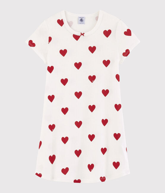 Girls' Heart Patterned Cotton Nightdress MARSHMALLOW white/TERKUIT red