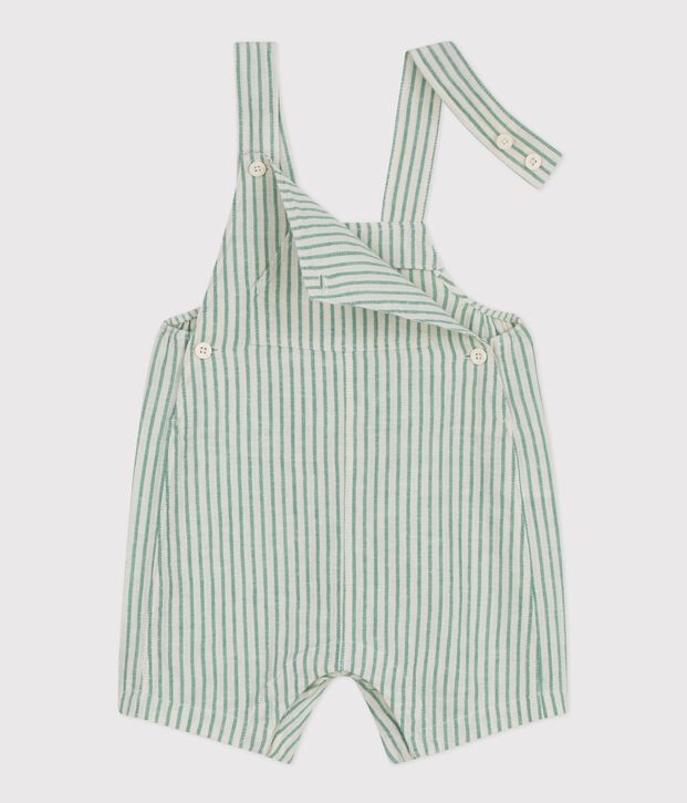 Babies' short-legged stripy cotton/linen dungarees green/green