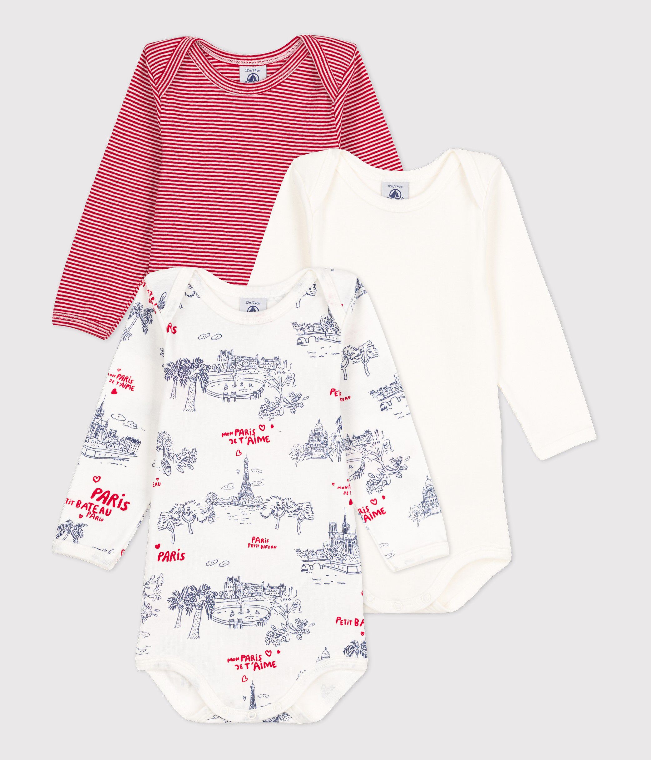 Babies Paris Themed Long Sleeved Cotton Bodysuits 3 Pack