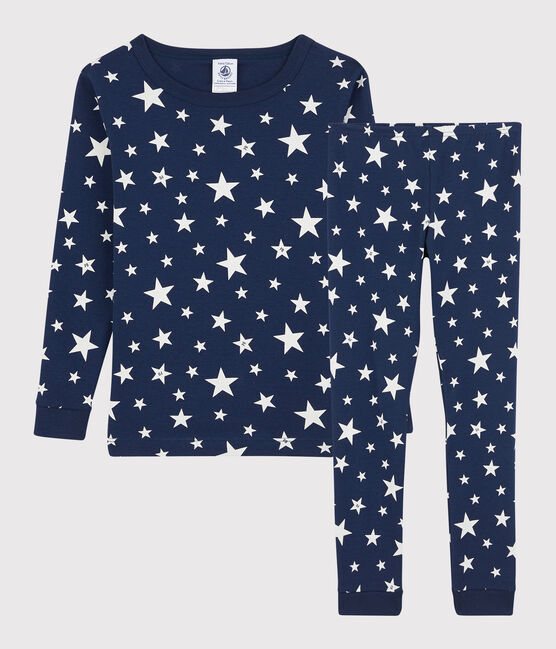 Boys' Snugfit Starry Cotton Pyjamas MEDIEVAL blue/MARSHMALLOW white