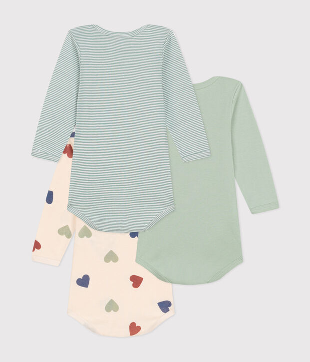 Babies' long-sleeved triple heart print cotton bodysuits - 3-Pack multicolor