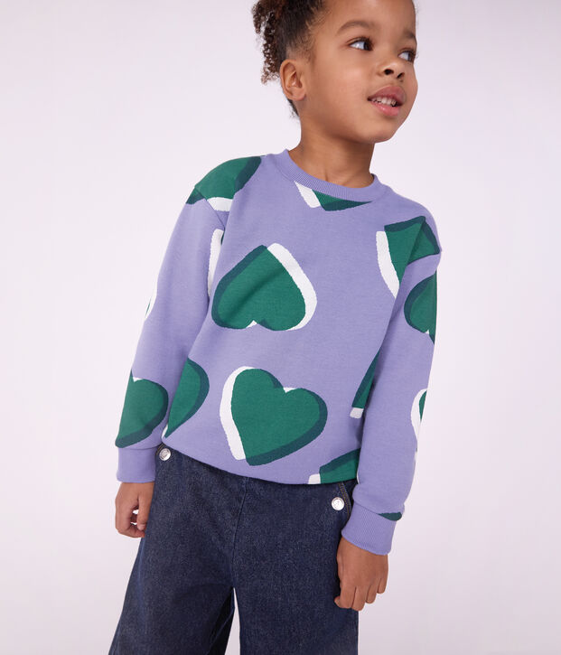 Children's cotton sweatshirt printed with hearts purple/multicolor