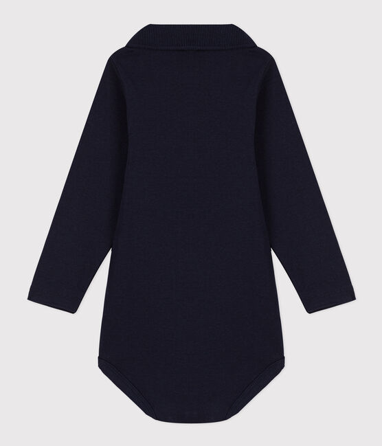 Babies' Long-Sleeved Cotton Bodysuit With Polo Shirt Collar SMOKING blue