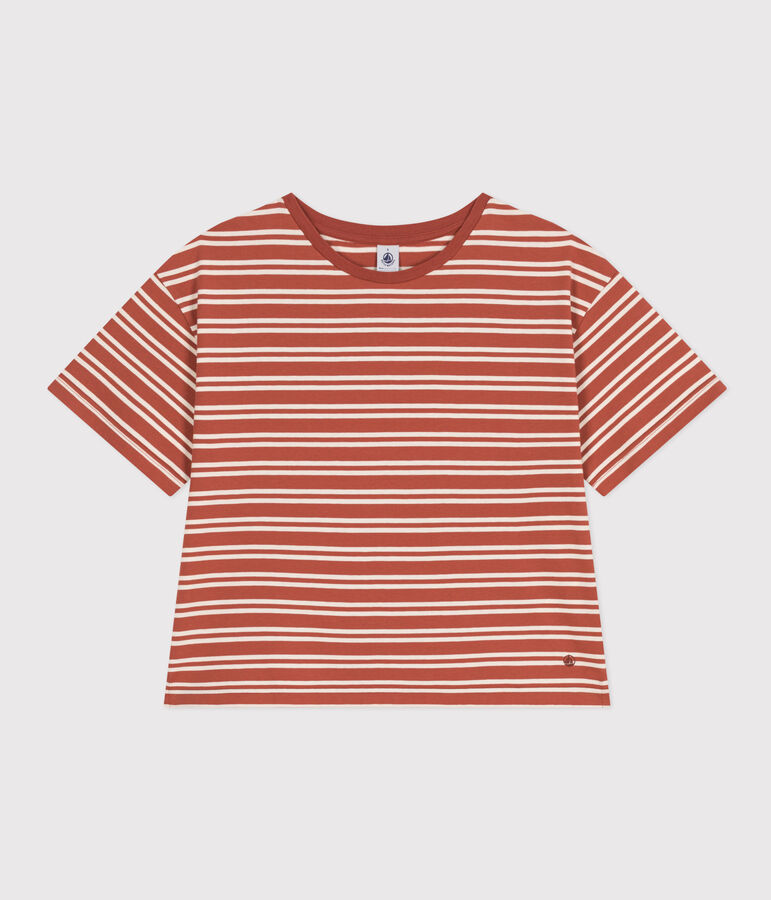 Women's Boxy Stripy Cotton T-Shirt brown/ecru