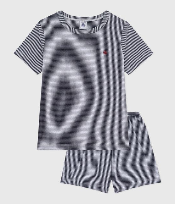 Children's short stripy cotton pyjamas SMOKING blue/MARSHMALLOW white
