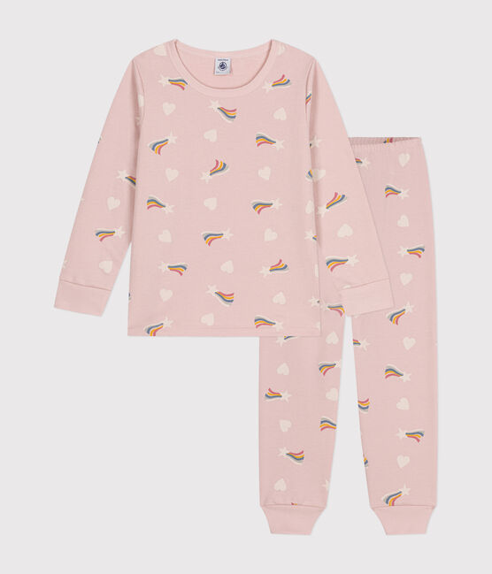 Children's brushed fleece pyjamas printed with stars and hearts SALINE pink/MULTICO white