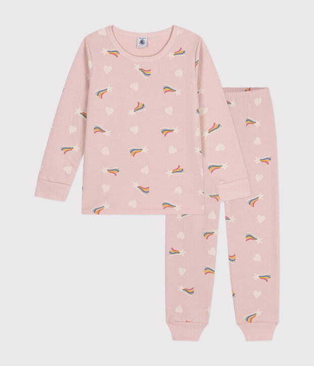Children's brushed fleece pyjamas printed with stars and hearts pink/multicolor