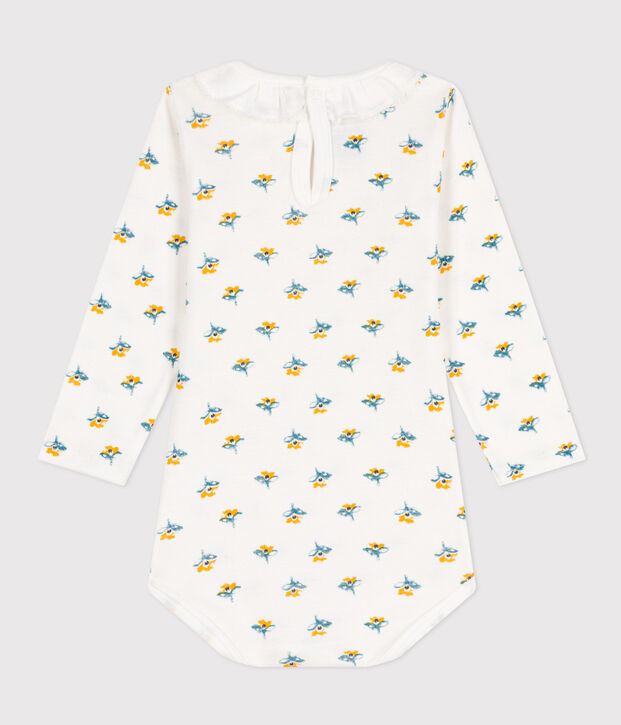 Babies' Long-Sleeved Patterned Cotton Bodysuit With Ruff Collar white/multicolor