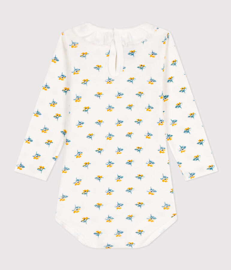 Babies' Long-Sleeved Patterned Cotton Bodysuit With Ruff Collar white/multicolor