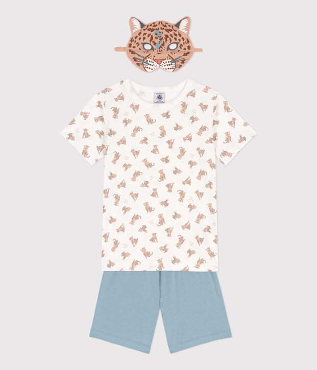 Children's unisex leopard print cotton pyjamas with mask white/multicolor