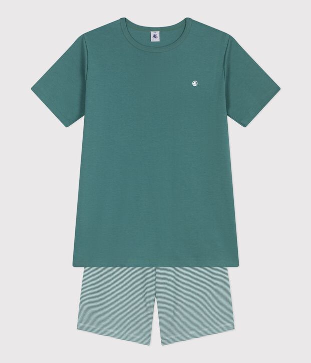 Children's short stripy cotton pyjamas green/white