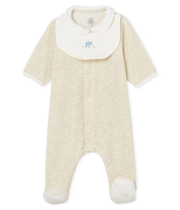 Unisex baby sleepsuit and bib in cotton velour beige