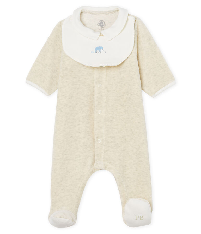 Unisex baby sleepsuit and bib in cotton velour beige