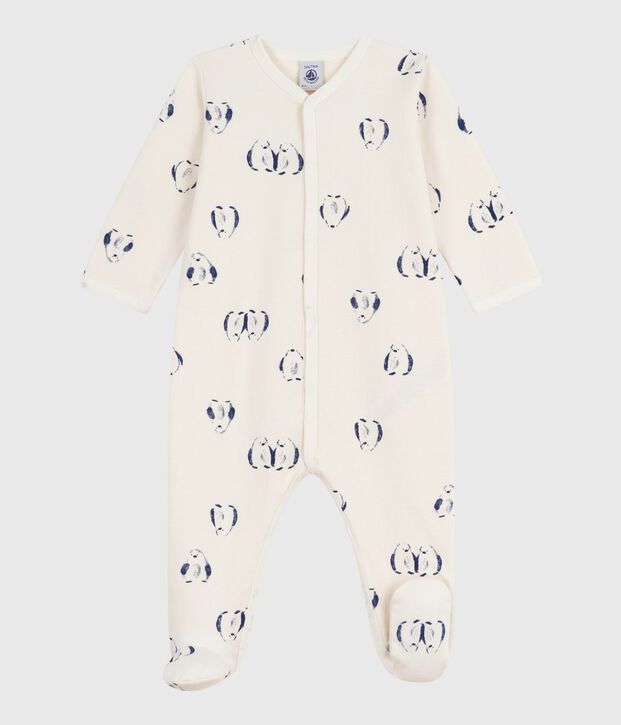 Baby brushed fleece pyjamas with a penguin animal print and petal collar Ecru/multicolor