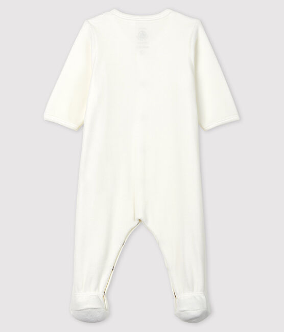 Babies' White Petit Bateau Screen Printed Organic Cotton Velour Sleepsuit MARSHMALLOW white/PERLIN beige