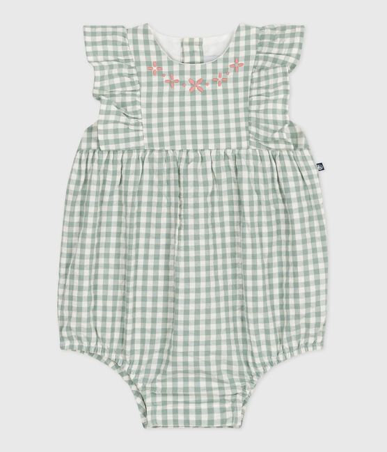 Babies' sleeveless cotton rompers with a gingham print and an embroidered collar PAUL blue/MARSHMALLOW white