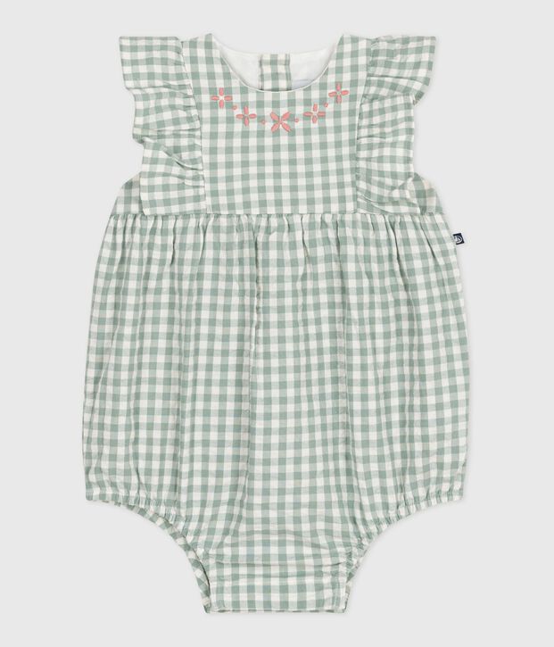 Babies' sleeveless cotton rompers with a gingham print and an embroidered collar green/white