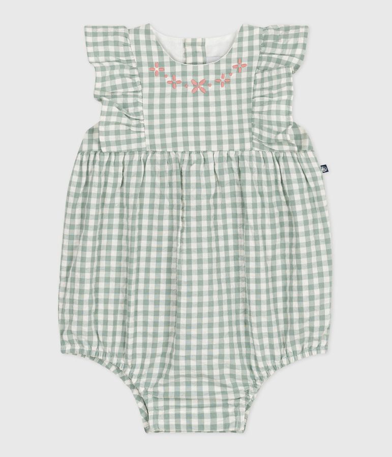 Babies' sleeveless cotton rompers with a gingham print and an embroidered collar green/white