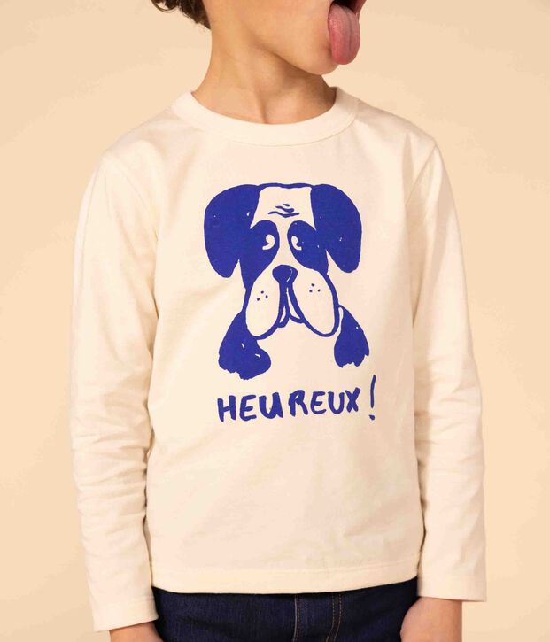 Children's unisex long-sleeved cotton T-shirt Ecru/blue